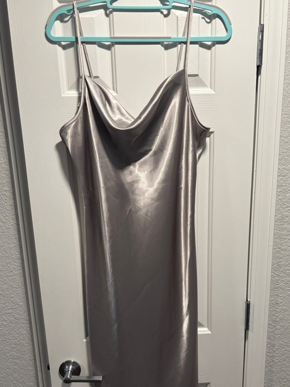 bebe Silver Satin Cowl Midi Slip Dress